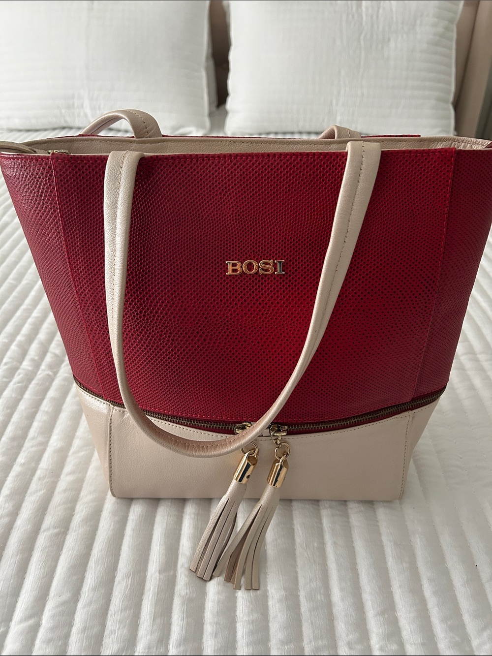 Two-Tone Red and Cream Tote with Tassel Detail